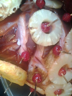 A picture of Candy glazedd ham w/pineapple&cherries.
