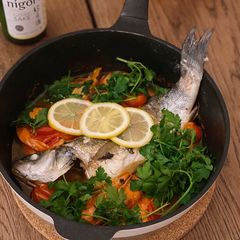 A picture of Acqua pazza with sea bass and prawns in 30 mins! + Delicious pasta idea using remaining soup.