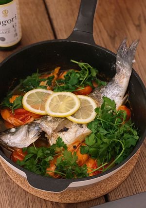 A picture of Acqua pazza with sea bass and prawns in 30 mins! + Delicious pasta idea using remaining soup.