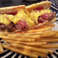 A picture of Homemade bacon cheeseburgers!.