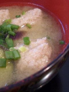 A picture of Miso Soup with Chicken Meatballs and Aubergine.