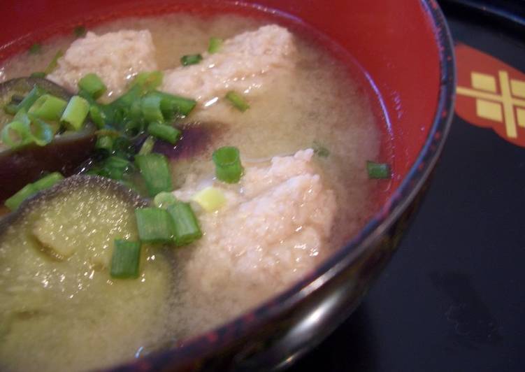 Miso Soup with Chicken Meatballs and Aubergine