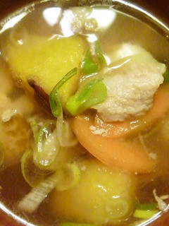 A picture of Shio-koji Miso Soup with Pork and Sweet Potatoes.