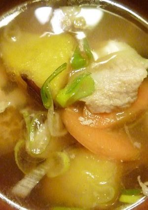 A picture of Shio-koji Miso Soup with Pork and Sweet Potatoes.