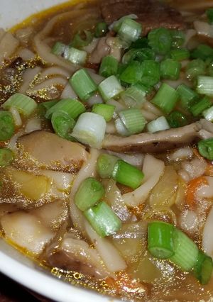 A picture of Asian Beef and Mushroom Noodle Soup.