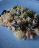 Risotto de cogumelos, bacon, camarão e espargos