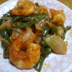 A picture of Shrimp and Green Pepper Ketchup Stir-Fry.