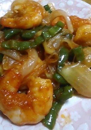 A picture of Shrimp and Green Pepper Ketchup Stir-Fry.