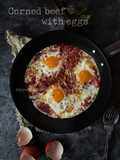Corned beef and eggs in a pan