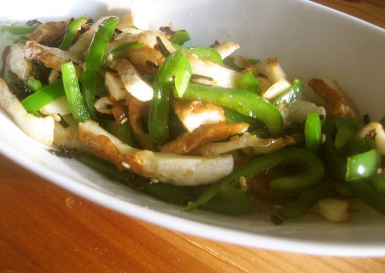 Easiest Way to Prepare Super Quick Homemade Green Peppers, Chikuwa, and Shio-Kombu Stir-Fry