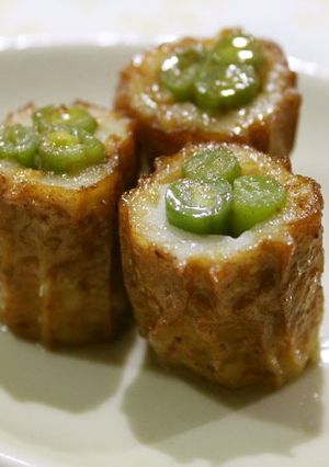 A picture of Green Beans in Chikuwa Fish Sticks with Soy Sauce and Mayo.