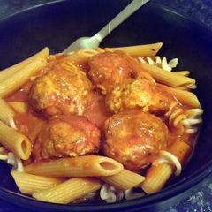 A picture of Sophie's Italian Turkey, bacon and cheese meatballs with tomato sauce.