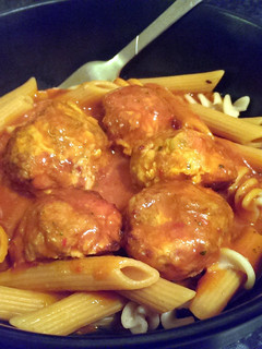A picture of Sophie's Italian Turkey, bacon and cheese meatballs with tomato sauce.