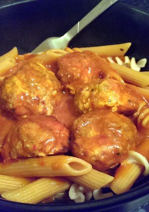 A picture of Sophie's Italian Turkey, bacon and cheese meatballs with tomato sauce.