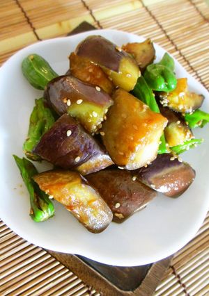 A picture of Stir-fried Eggplant and Shishito Peppers.