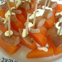 A picture of Great Bentos Fillers--Carrots and Sausages with Mayo.