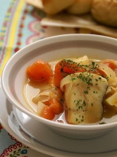 A picture of Cod, Potato and Tomato Soup.