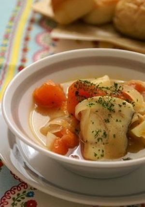A picture of Cod, Potato and Tomato Soup.