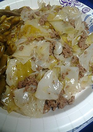 A picture of Cabbage and ground beef.