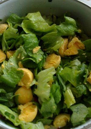 A picture of Lettuce salad with eggs.
