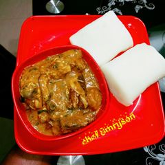 A picture of Ogbonor soup and akpu.