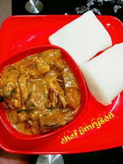A picture of Ogbonor soup and akpu.