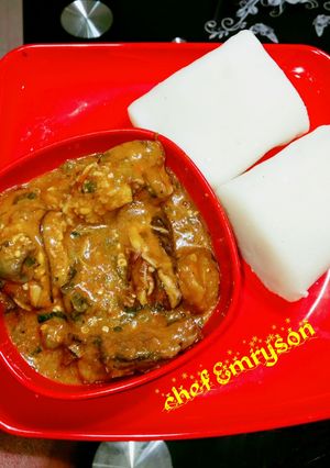 A picture of Ogbonor soup and akpu.