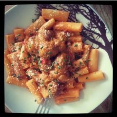 A picture of Creamy Tomato Rigatoni With Meatballs.