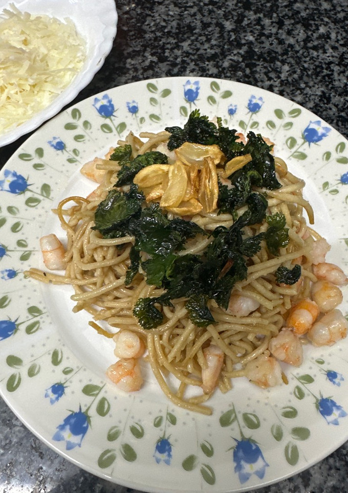 Una foto de 511. Spaghetti integrales con tomillo y langostinos (principal pasta)