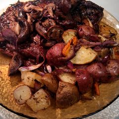 A picture of .Grilled Rib-eye Steak and Roasted Root vegetables.