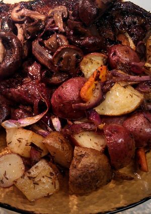 A picture of .Grilled Rib-eye Steak and Roasted Root vegetables.
