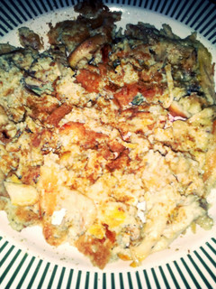 A picture of chicken with scrambled eggs.