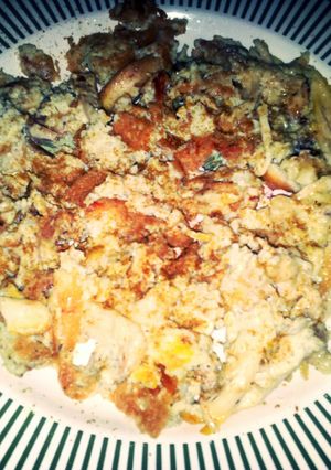 A picture of chicken with scrambled eggs.