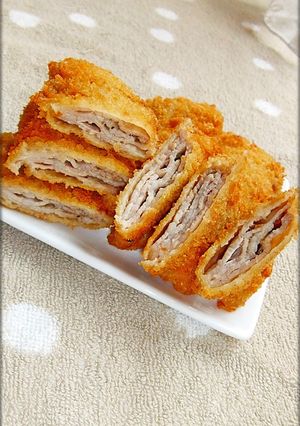 A picture of Easy Folded Tonkatsu (Pork Cutlet) with Thinly Sliced Pork Belly.