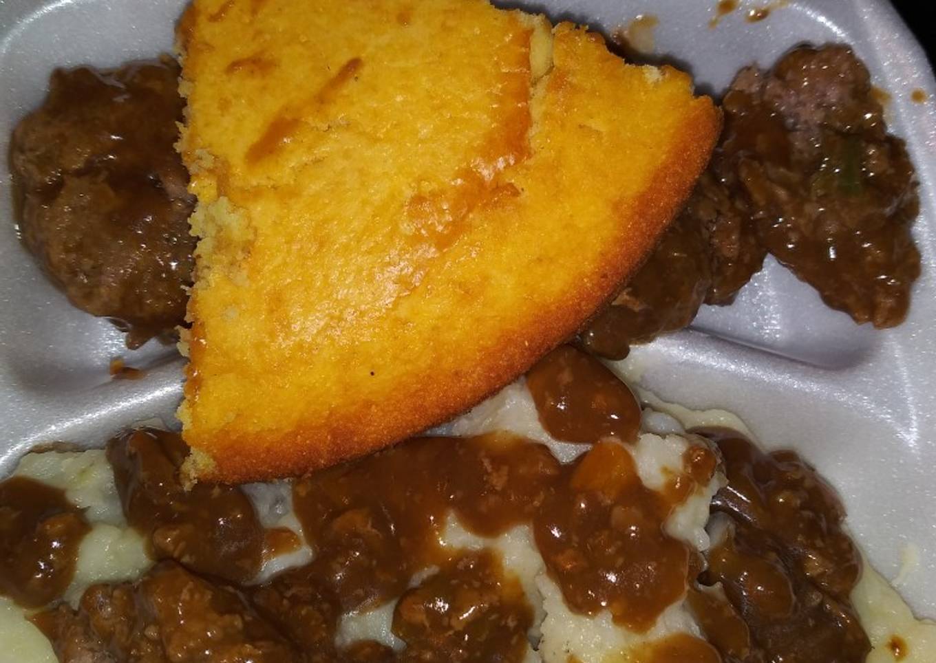 Homemade mashed potatoes w/ brown gravy hamburgers & cornbread!