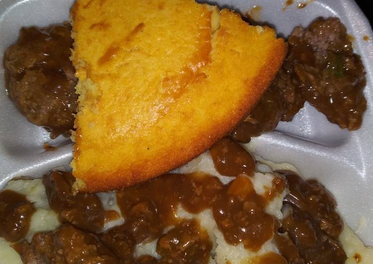 Homemade mashed potatoes w/ brown gravy hamburgers & cornbread! Homemade mashed potatoes w/ brown gravy hamburgers & cornbread!
