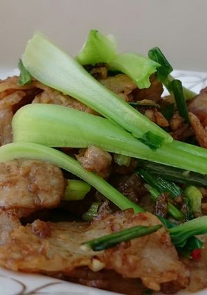 A picture of Pork Slice In Oyster Sauce With Bak Choy.