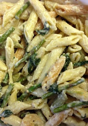 A picture of Shrimp Pasta With Asparagus And Spinach.