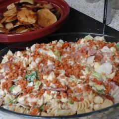 A picture of My BLT Pasta Salad (Bacon, Lettuce & Tomato) with Potato Crisps.
