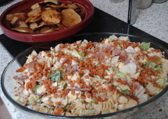 Recipe of Super Quick Homemade My BLT Pasta Salad (Bacon, Lettuce &amp; Tomato) with Potato Crisps