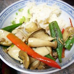 A picture of King Mushroom + Okra Stir-fry.