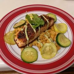 A picture of Spicy-Sweet Salmon With Avocado Sauce.