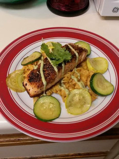 A picture of Spicy-Sweet Salmon With Avocado Sauce.