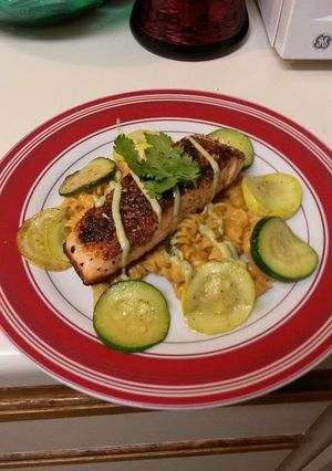 A picture of Spicy-Sweet Salmon With Avocado Sauce.