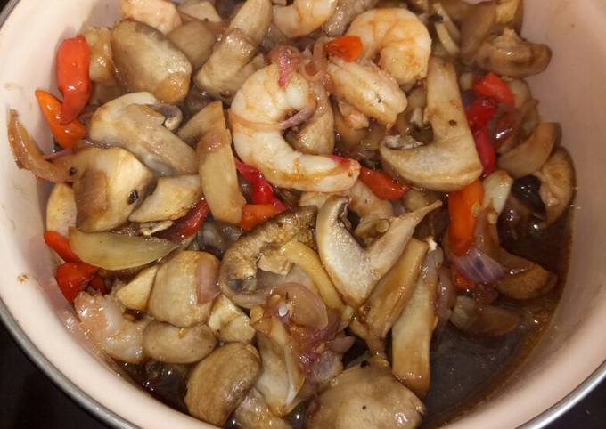 Resep bikin Saos lada hitam udang jamur kancing dijamin sesuai selera
