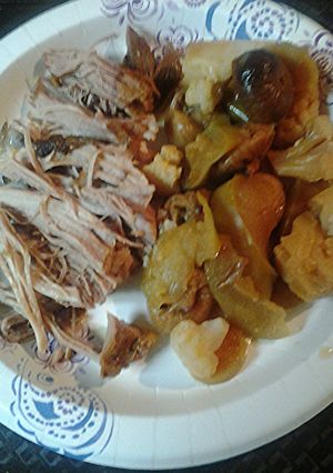 A picture of Roasted Apples Figs Pork and Cauliflower.