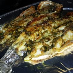 A picture of Sea Bass with Whiskey Sauce.