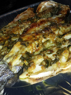 A picture of Sea Bass with Whiskey Sauce.