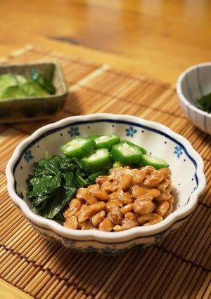 A picture of For Summer Fatigue Natto with Mulūkhīya and Okra.