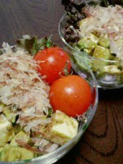 A picture of Avocado and Cheese Salad with Wasabi Soy Sauce.